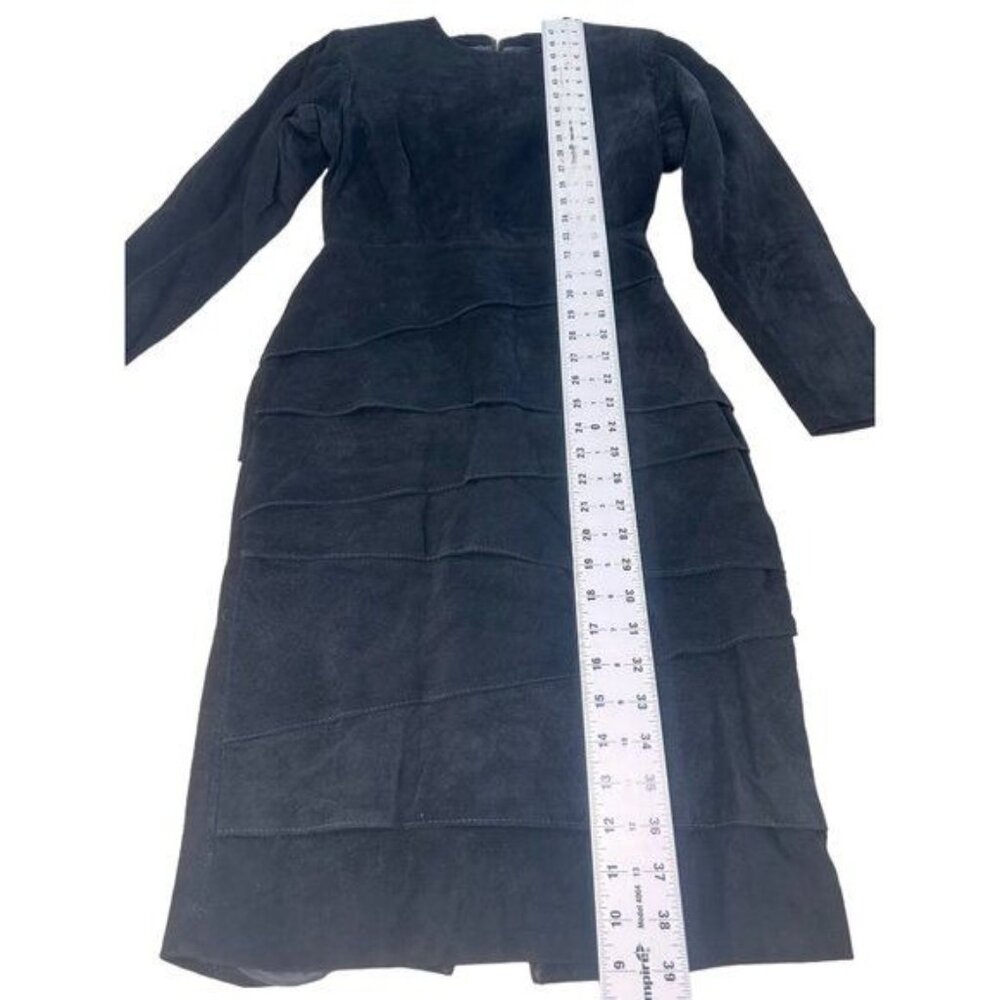 Wimsigoth 100% Suede Leather Dress Womens 6 Black Vintage Midi Ruffle Long Sleev - Picture 10 of 16